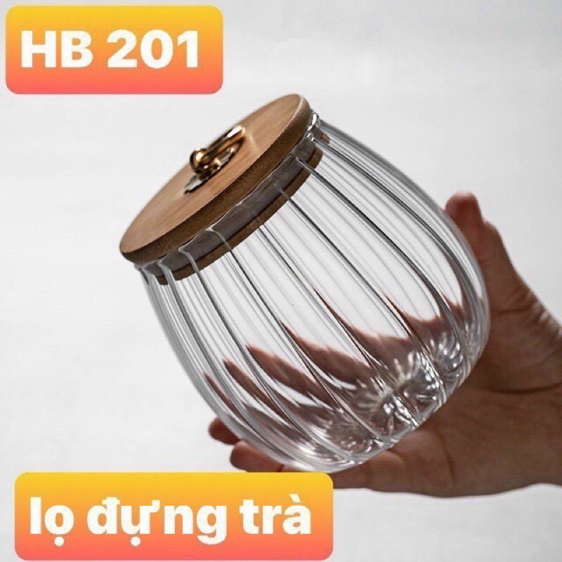 Lọ thủy tinh nắp gỗ dáng bầu HB201