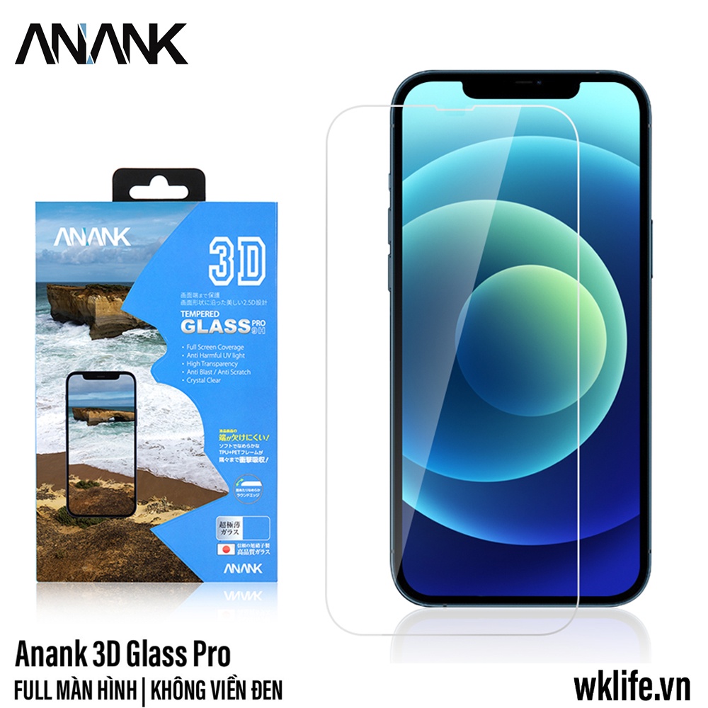 Kính Cường Lực Trong Suốt Không Viền Đen  ANANK 3D Cho 12 / 13 Pro Max