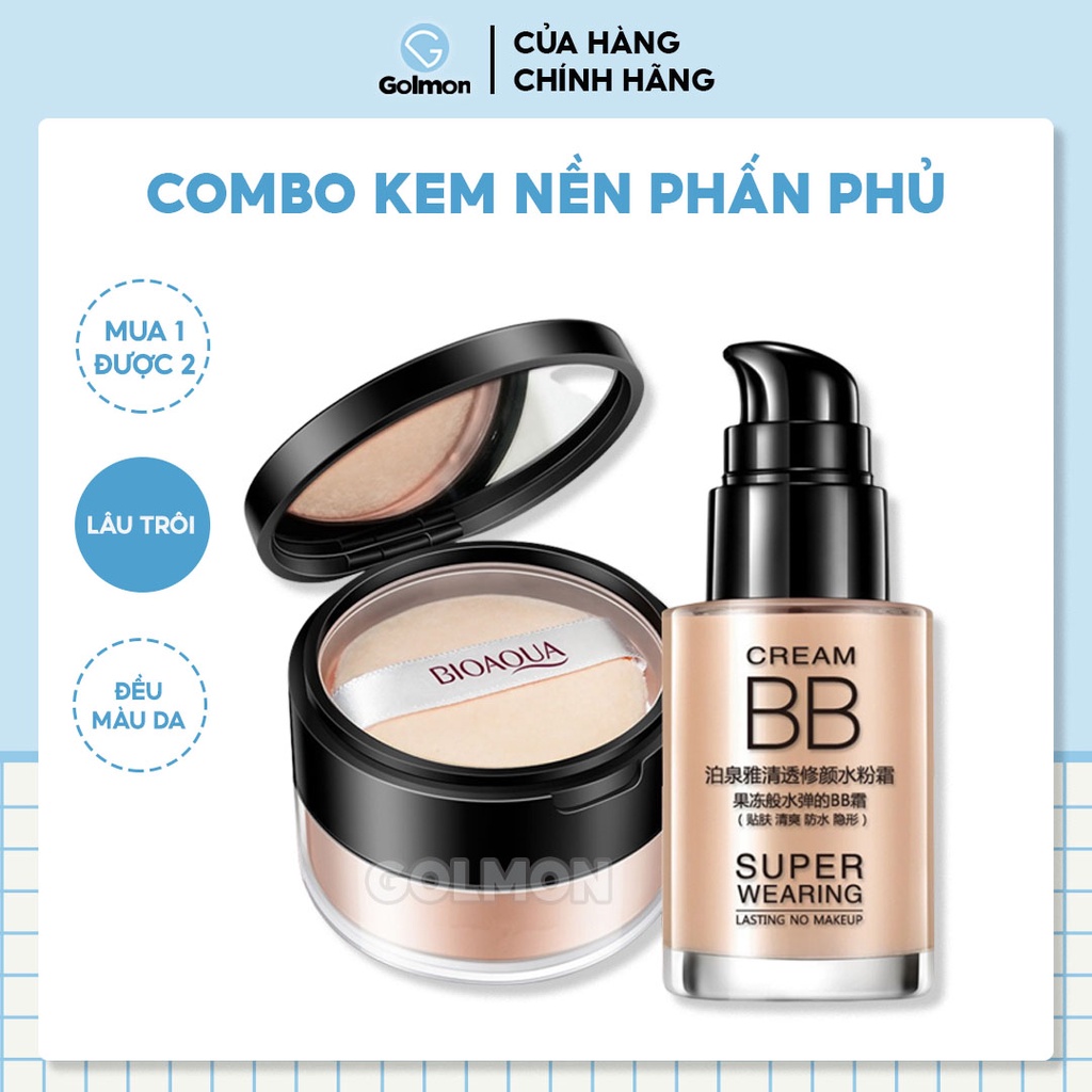 Combo trang điểm makeup kem nền che khuyết điểm và phấn phủ kiềm dầu lameila GM-CB-KNPP01 GOLMON