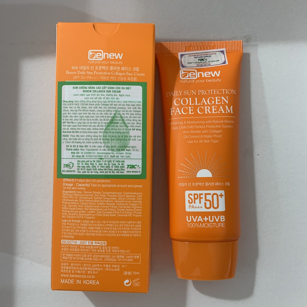 Kem Chống Nắng Trắng Da Nâng Cơ Benew Collagen Hàn Quốc Face Scream 70ml khả năng chống nắng vượt trội | BigBuy360 - bigbuy360.vn