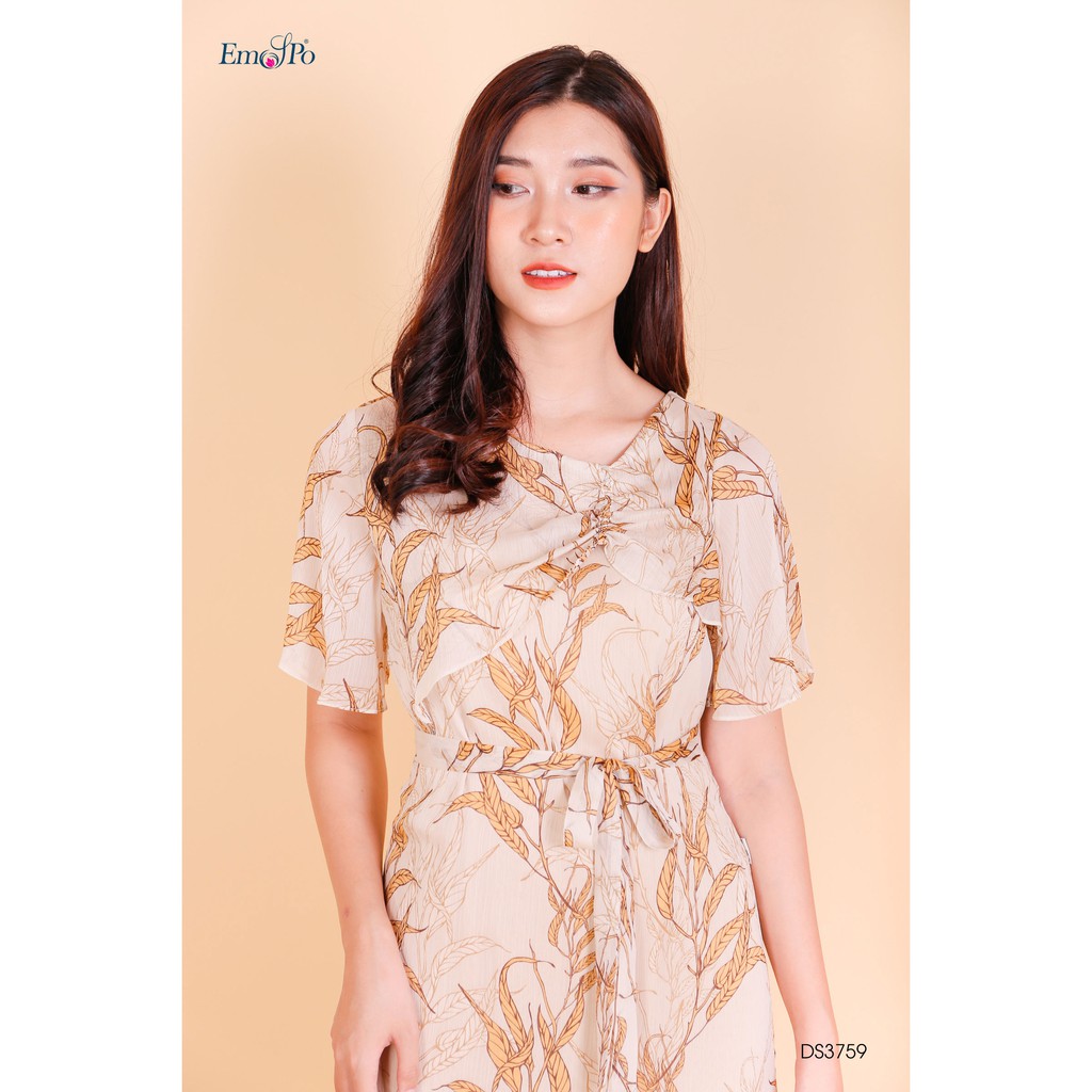 Đầm suông tà bong thân trước, rúm ly cổ, đai rời buộc nơ eo Emspo DS3759 (Be,Xanh)