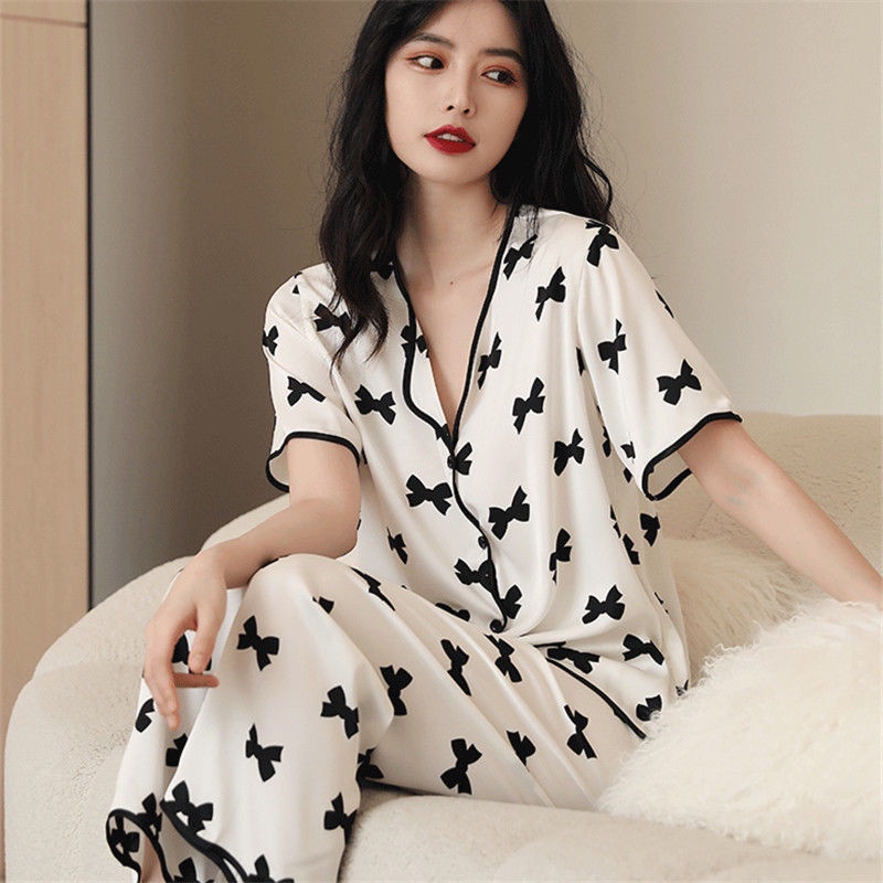 Đồ bộ nữ pijama cộc tay lụa satin cao cấp mặc nhà họa tiết nơ trắng đen mềm mịn hàng Quảng Châu đồ ngủ pizama giá rẻ