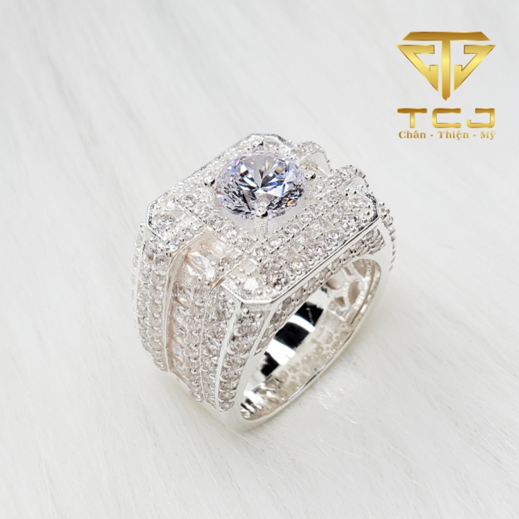 Nhẫn nam bạc ý 925 bản to đính đá trắng sang trọng RM0209 Trang sức Toàn Cầu TCJ