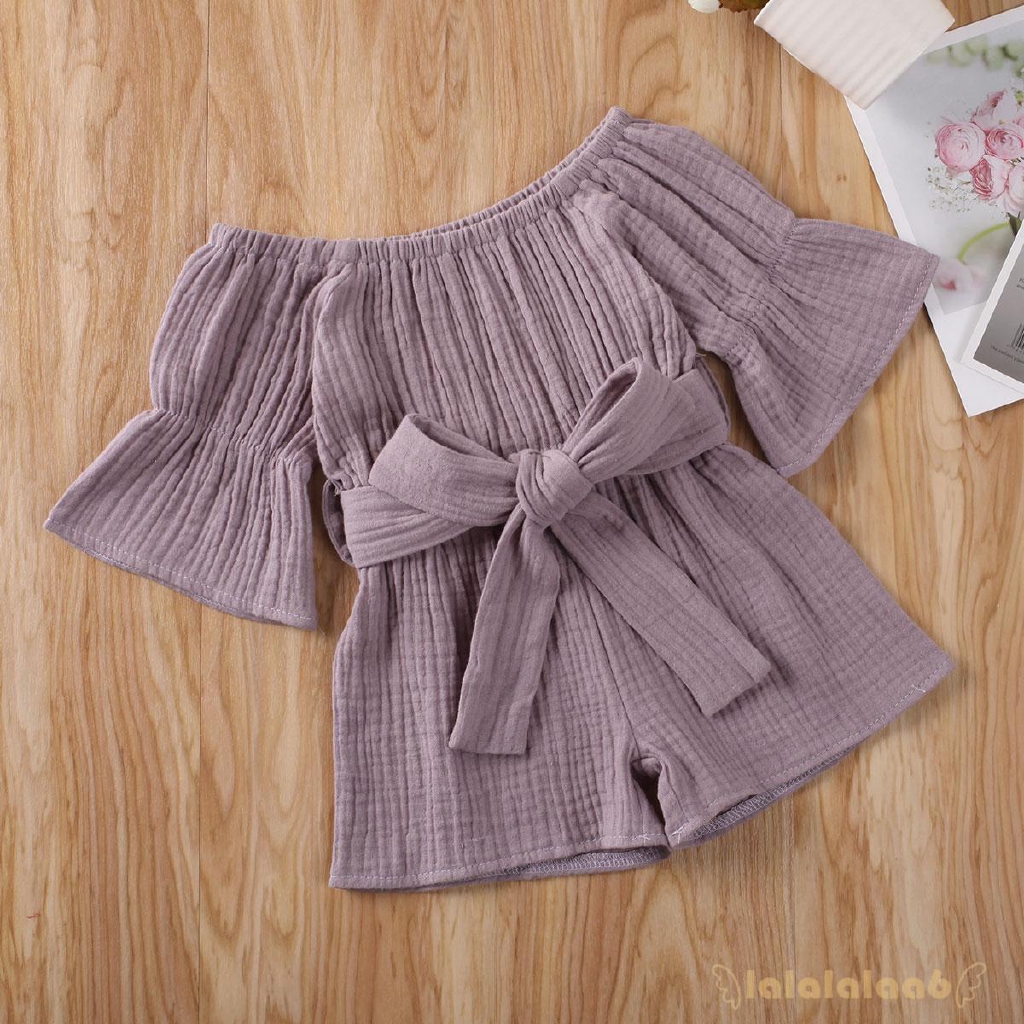 Bộ áo liền quần trễ vai màu trơn phong cách dễ thương dành cho bé gái