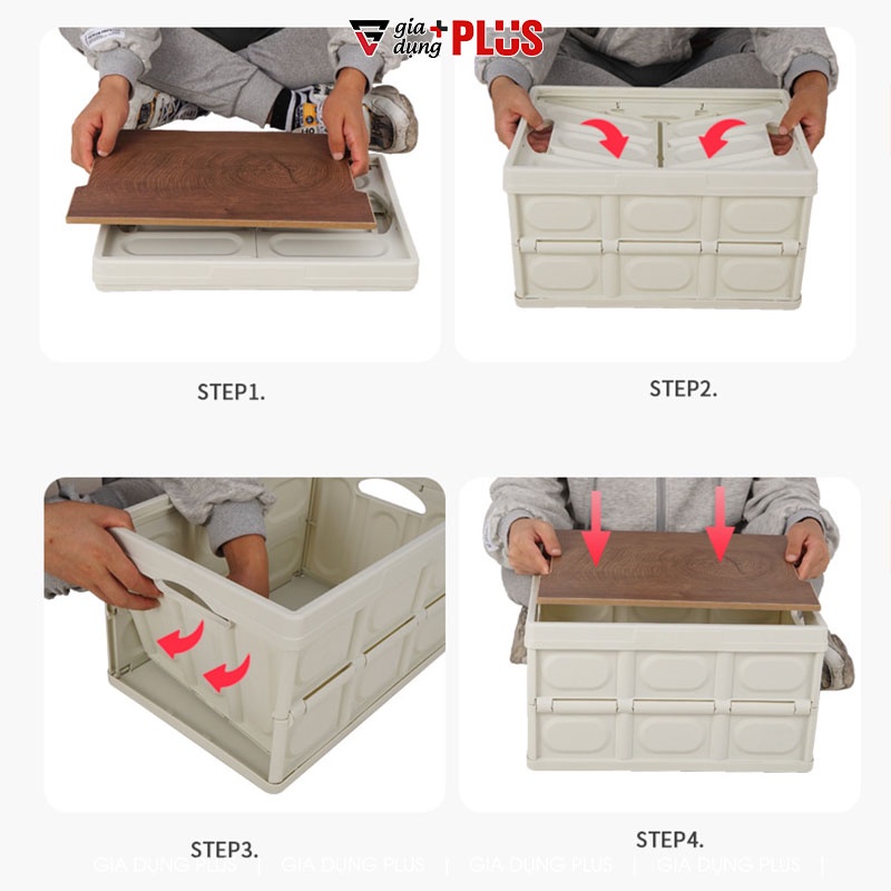 Bàn camping gấp gọn kết hợp hộp đựng đồ đa năng bằng nhựa, nắp gỗ MDF để đi cắm trại, dã ngoại, picnic LAZYDO (LZ-0524)