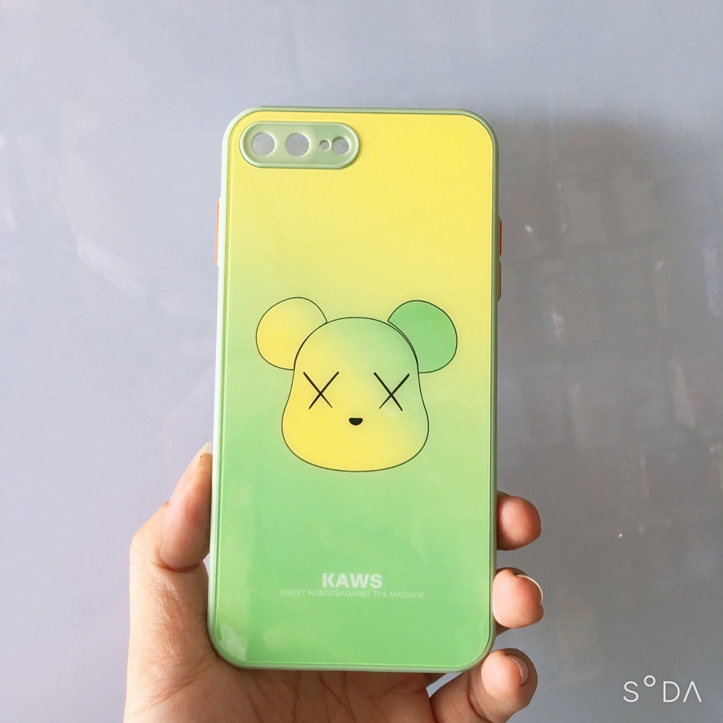 Ốp lưng kính viền vuông Gấu Kaws, phím bấm màu iPhone 6.6s/6Plus/7/8/7Plus/8Plus/ Xs Max