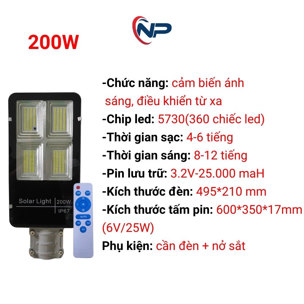 [Quà20k] Đèn Năng Lượng Mặt Trời Bàn Chải Công Suất 200W Nhôm Nguyên Khối,Cảm Biến, Điều Khiển Từ Xa, Chống Nước IP67
