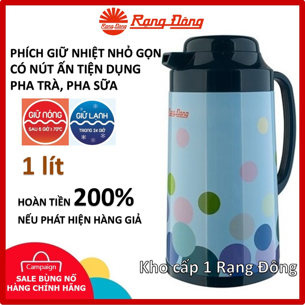 Phích nước Rạng Đông INOX cao cấp 1 lít có nút ấn tiện dụng, pha sữa, pha trà