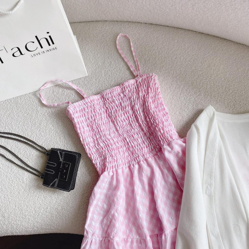 SET ĐẦM MAXI KẺ CARO HỒNG + KHOÁC CROPTOP TRẮNG
