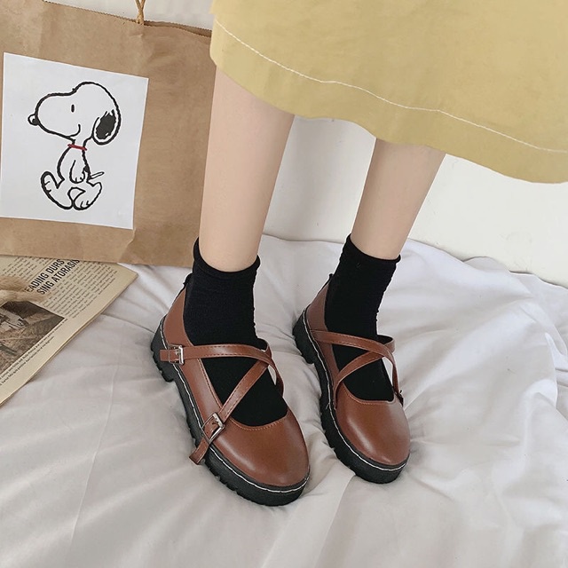 Giày ullzzang da QUAI CHÉO mã 004 CÓ ẢNH THẬT