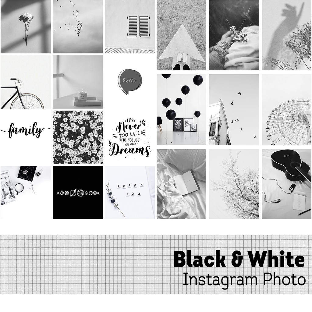 Set 21 sticker nhãn dán ảnh phong cách Instagram (Màu Trắng Đen) trang trí Scrapbook/Planner