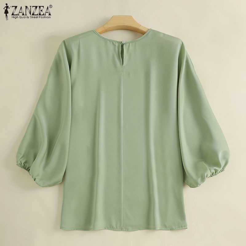 Áo kiểu ZANZEA vải satin tay 3/ 4 cổ tròn cài nút sau lưng thời trang cho nữ