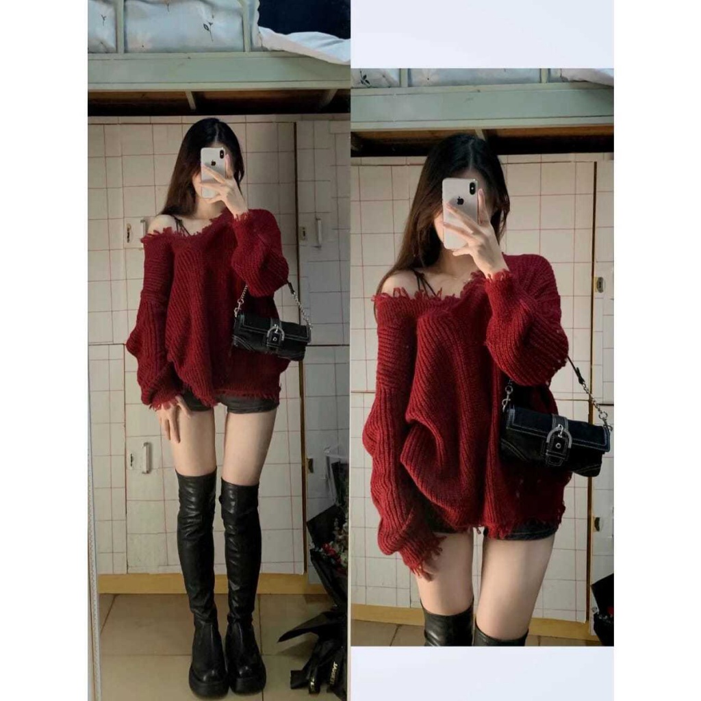 Áo Sweater Cổ Chữ V Form Rộng Chất Liệu Dày Dặn Màu Đỏ Phong Cách Giáng Sinh Cho Nữ