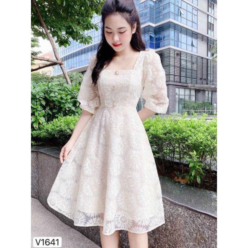Váy xòe ren hoa hướng dương cao cấp lót lụa cực đẹp