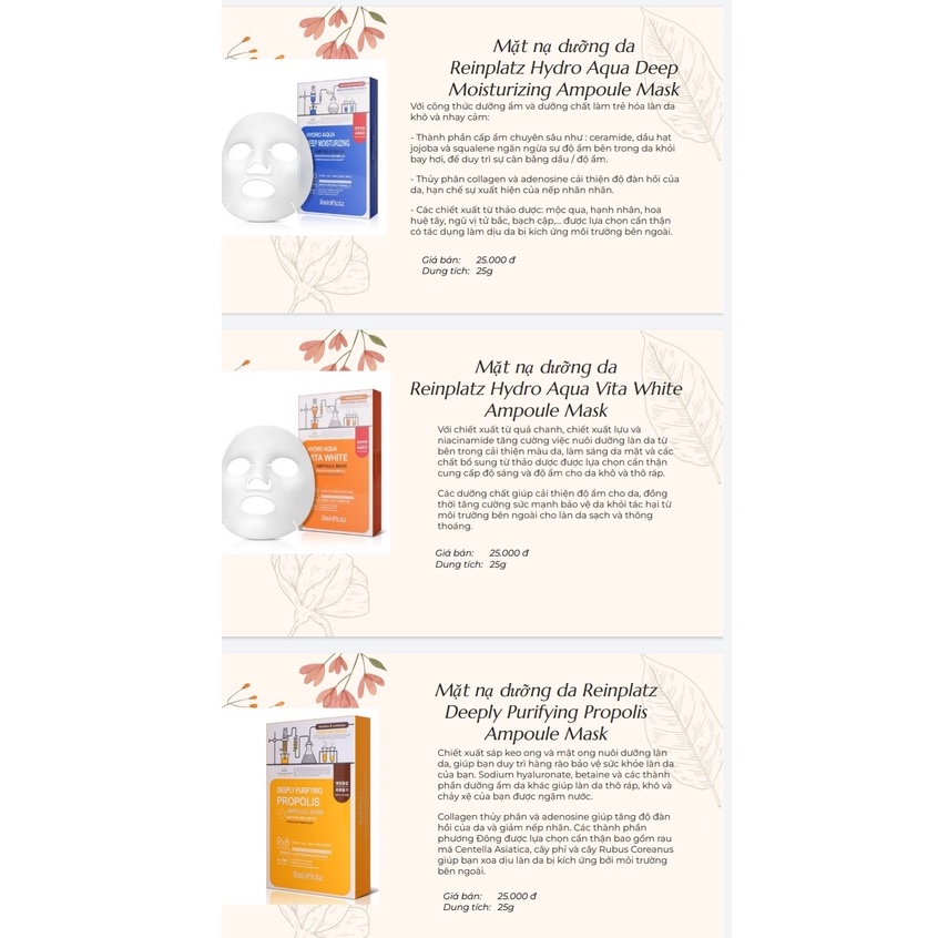 Combo 5 Mặt nạ dưỡng trắng da, ngăn ngừa lão hoá Reinplatz Ampoule Mask (25g x 5)