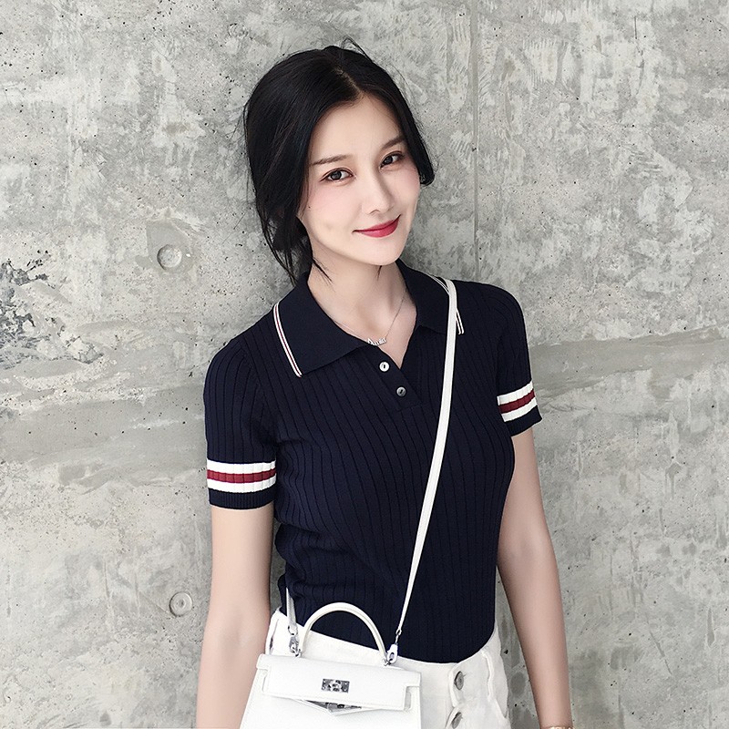 Áo thun polo ngắn tay cổ chữ V viền màu thời trang