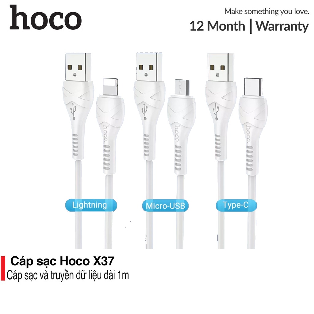 Cáp Sạc Nhanh IP Chính Hãng Hoco X37 3A 18W Dây Dài 1M Lighting Micro USB Type C Cho Điện Thoại Android Bảo hành 1 năm