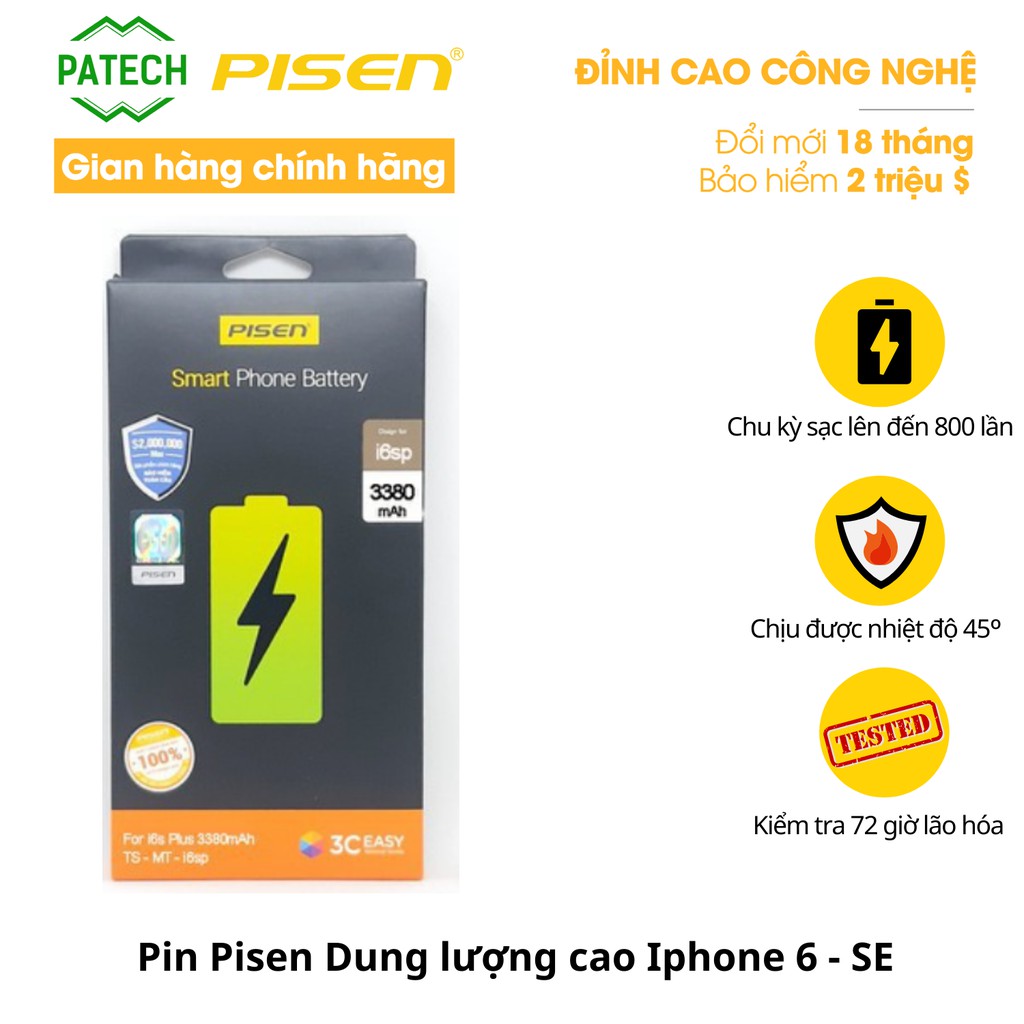 Pin Pisen Dung lượng cao cho Iphone 6/6s/6p/6sp/7/7p/8/8p/X/SE - Hàng chính hãng