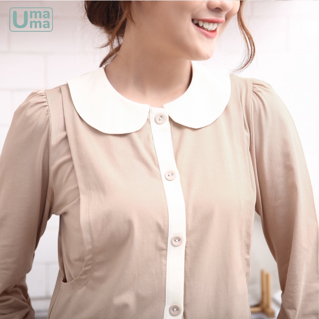 Bộ quần áo mẹ bầu sau sinh cho con bú mặc nhà Ualarogo dài tay cotton cổ sam 2 túi mềm thấm hút thoáng mát