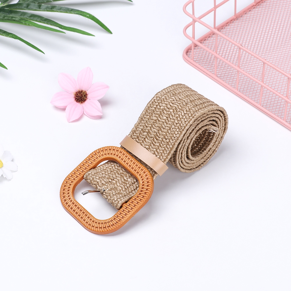 Đai thắt lưng bản to bằng sợi rơm PP có khóa cài gỗ