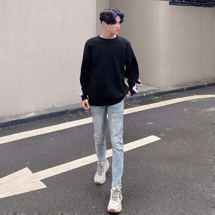 Quần jean nam chất bò rách gối màu xanh nhạt phong cách Hàn Quốc cực đẹp Trendy [#1979] | BigBuy360 - bigbuy360.vn