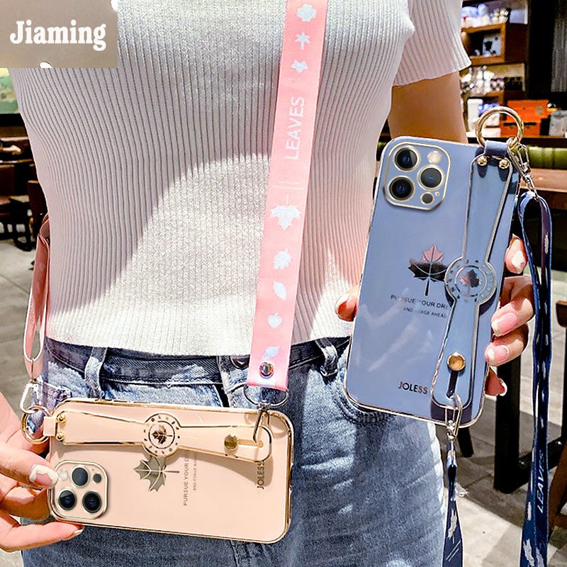 Ốp Điện Thoại Mạ Điện Họa Tiết Lá Phong Sang Trọng Kèm Giá Đỡ Và Dây Đeo Cho iPhone 11 12 13 Pro Max