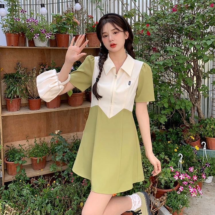 Đầm Màu Sắc Tương Phản Phong Cách Hàn Quốc 185245 Đầm Cổ Polo Xẻ Tà Dáng Dài Thiết Kế Xẻ Tà Thời Trang Trẻ Trung