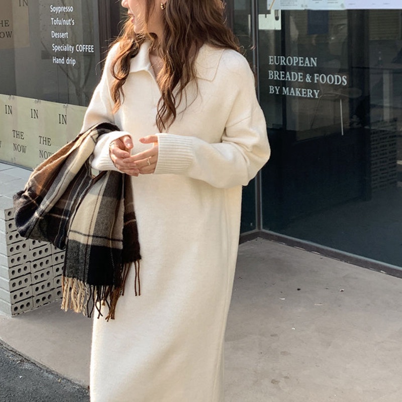 Đầm Sweater Dệt Kim Tay Dài Dày Dặn Ấm Áp Thời Trang