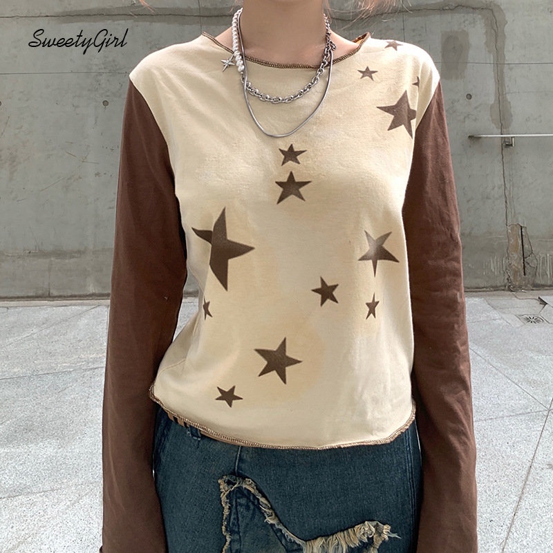 Áo Thun Tay Dài Cổ Tròn In Hình Ngôi Sao Phối Màu Tương Phản Thời Trang 2022 Cho Nữ