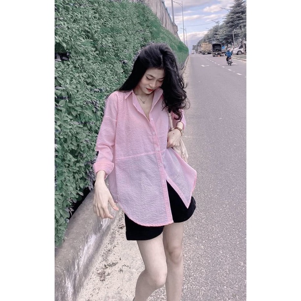 [Mã FAMARAL1 giảm 10K đơn 50K] Áo sơ mi xanh đũi xốp form rộng áo sơ mi nữ ulzzang LD119