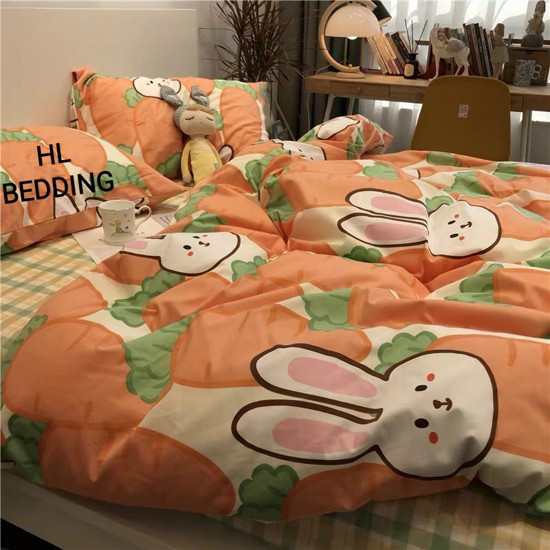 Bộ chăn ga Cotton Poly HL bedding chăn ga Hàn Quốc thỏ ăn cà rốt đủ size miễn phí bo chun