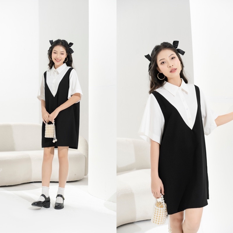 Váy Suông Phối Màu Đen Trắng Dáng Rộng Phong Cách Năng Động Trẻ Trung