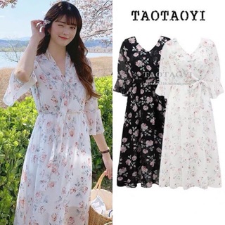 Váy maxi voan hoa tay lỡ thắt nơ cổ Taotaoyi