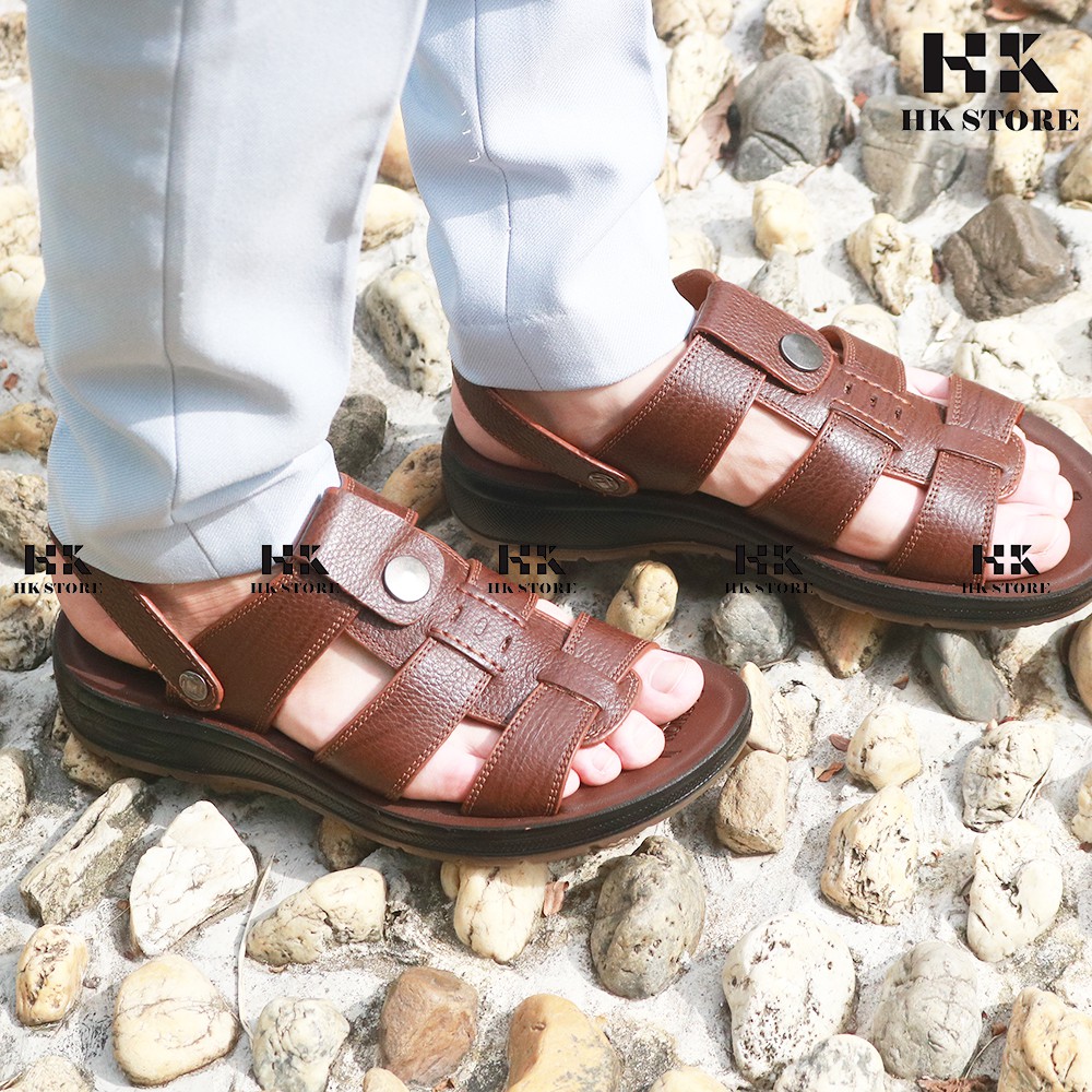 Dép sandal nam trung niên  HK.STORE  da bò kết hợp đế kếp cao 3,5cm khâu may chân quai công nghệ 2021 siêu chắc chắn