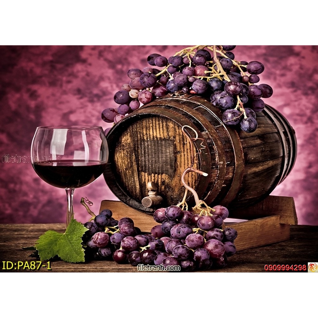 Tranh dán tường 3d trái cây, hình bình rượu, tranh dán phòng bếp, nhà ăn