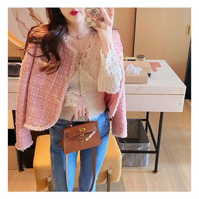 Áo khoác dạ tweed dáng ngắn màu hồng đậm