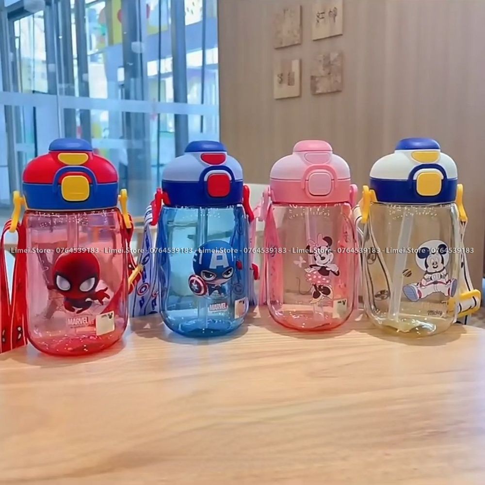 Bình nước ống hút tu miệng tritan cao cấp Disney Frozen Spiderman Captain Mickey Minnie 560ml cho trẻ em