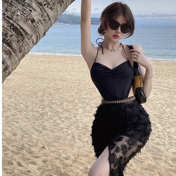 Set Áo Yếm Màu Đen + Chân Váy Hoa Lưng Cao Phong Cách Trung Hoa Thời Trang Mùa Hè Dành Cho Nữ
