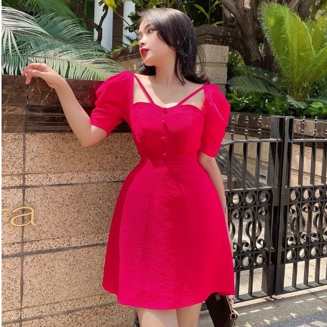 Đầm xòe dự tiệc  tay phồng cổ vuông thiết kế nút bọc tiểu thư sang chảnh đi làm dạo phố XM váy nữ Minh Phúc