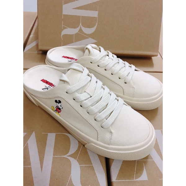 Giày sục thể thao sneaker vải canvas Mickey xuất Zara màu kem be full box tag bill | Giày bata đế bánh mì 3cm