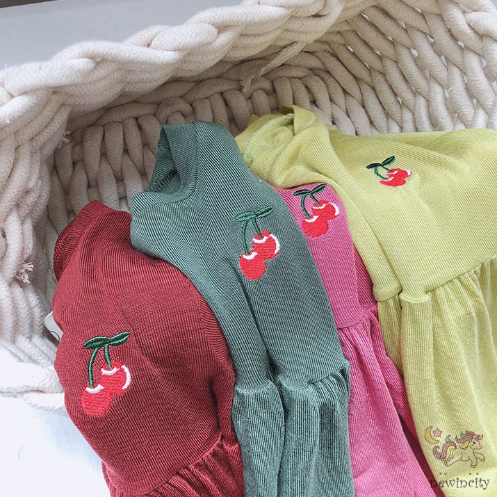 Đầm Ngắn Tay In Hình Quả Cherry Cho Bé Gái