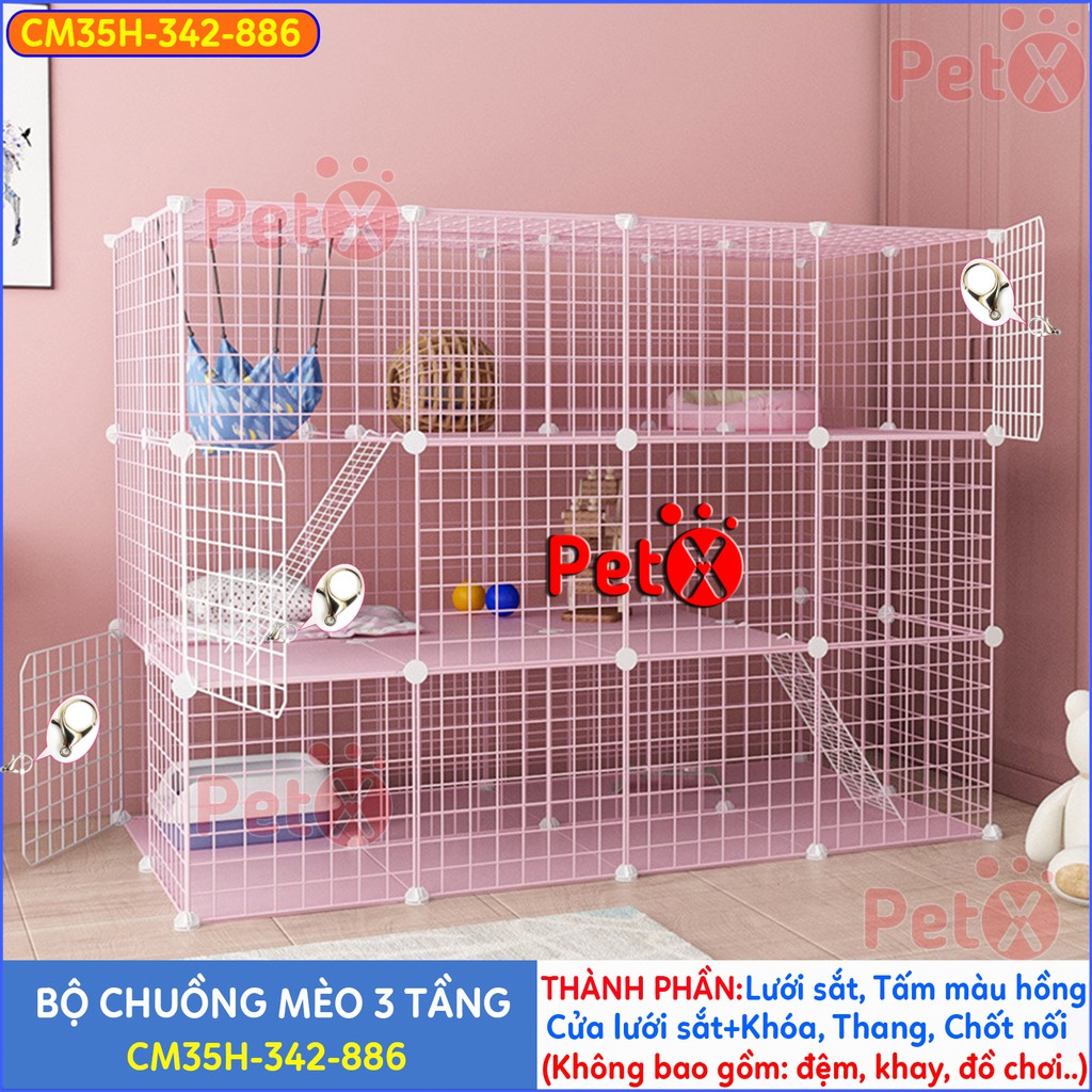 Chuồng mèo 3 tầng giá rẻ đẹp PetX lắp ghép đa năng đơn giản với lưới sắt sơn tĩnh điện nuôi từ 2-4 thú cưng