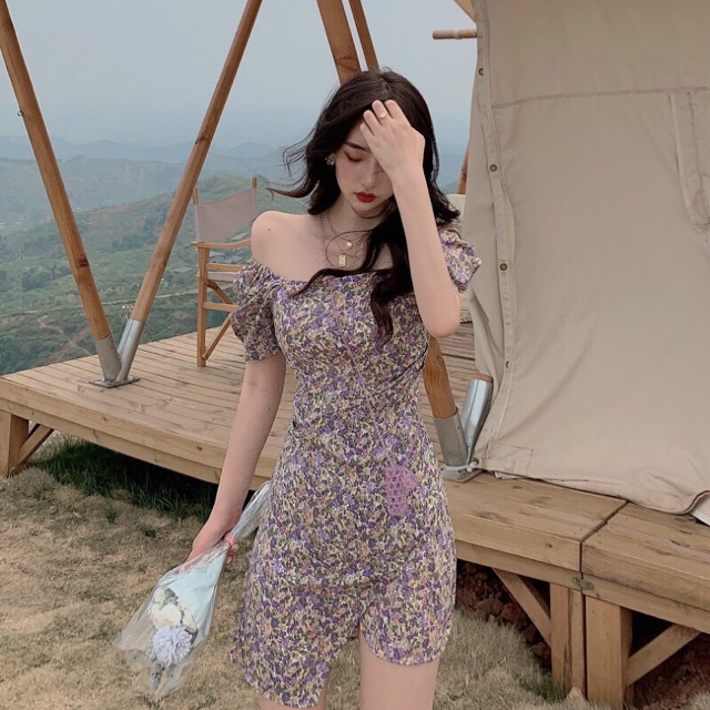 [ Mã FAMAYWA2 giảm 10K đơn 50K] Đầm bông lụa ngắn vạt chéo cổ vuông bệt vai | BigBuy360 - bigbuy360.vn