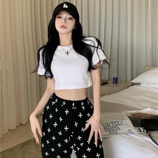Set quần dài kèm coptop thun tay lỡ họa tiết nữ - Bộ áo crt cộc tay dáng ôm mix quần suông ống rộng , style Ulzzang