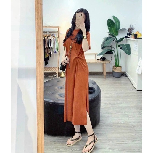 Váy dập li dáng suông tay lỡ rúm eo điệu đà chất tăm dập li co dãn bầu bí bon chen thoải mái