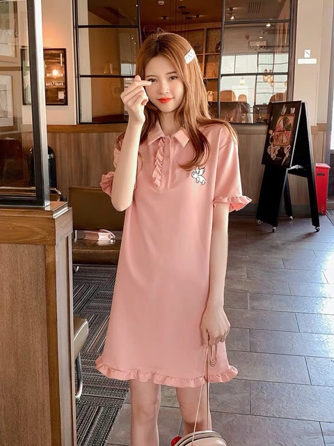 Đầm ngắn tay nữ mùa xuân hè 2019 dài thêu váy thun hồng