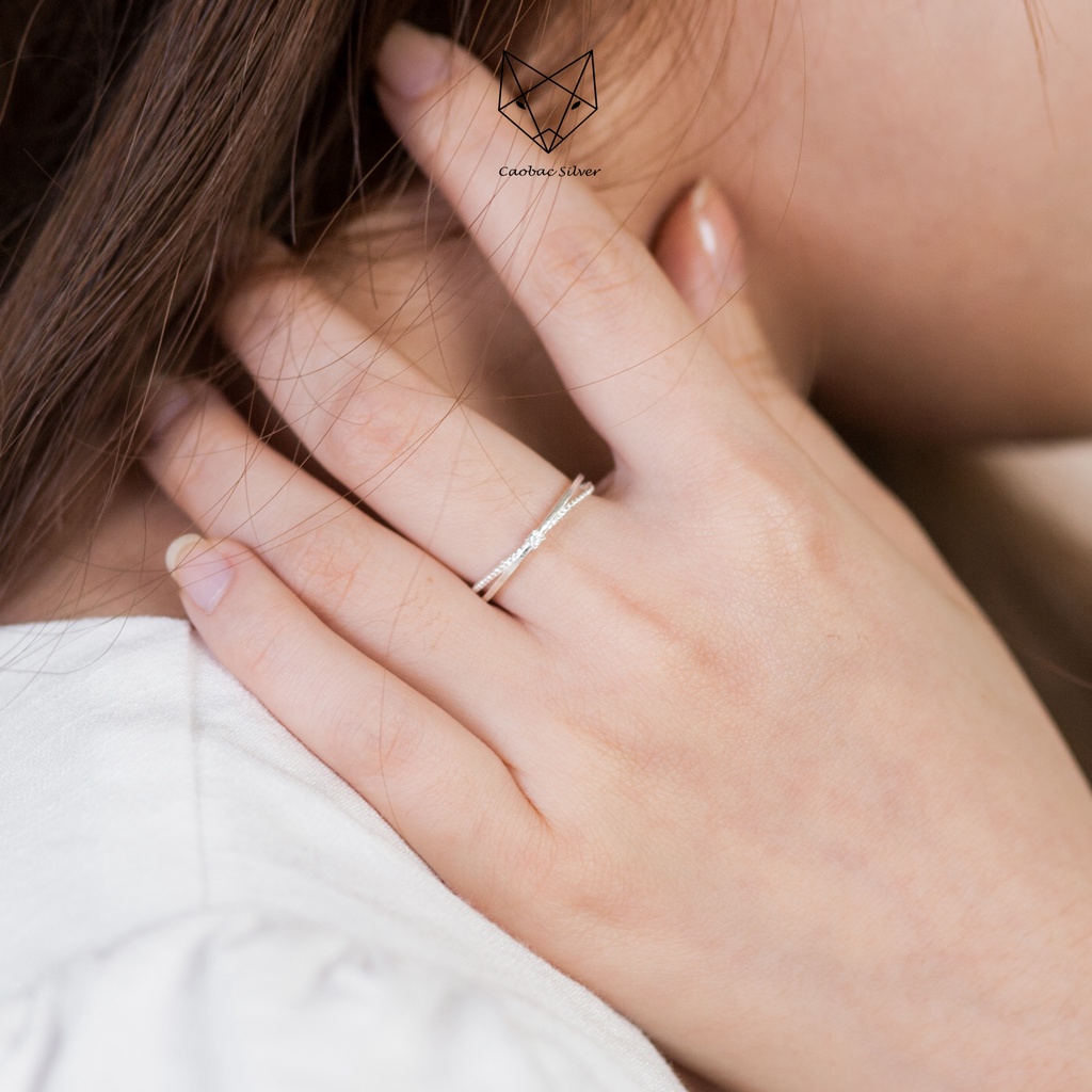 Nhẫn Nữ Bạc Ta CaoBac Silver Đơn Giản Cá Tính Trơn Dáng Hai Sợi Đan Đính Đá Tinh Tế Bạc Chuẩn Sáng Đẹp Bền Màu