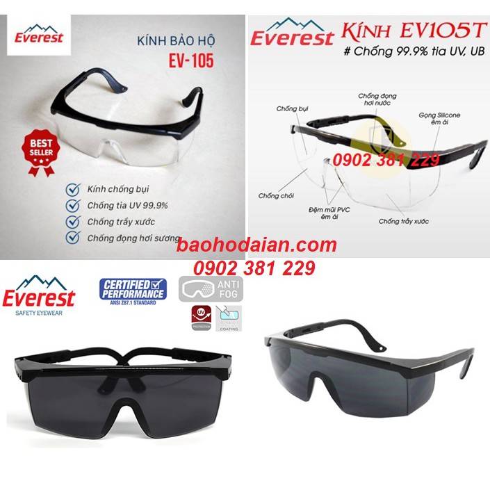 Kính bảo hộ mắt chống bụi, chống UV Everest EV105