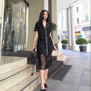 Váy lụa pijama cổ vest chân ren