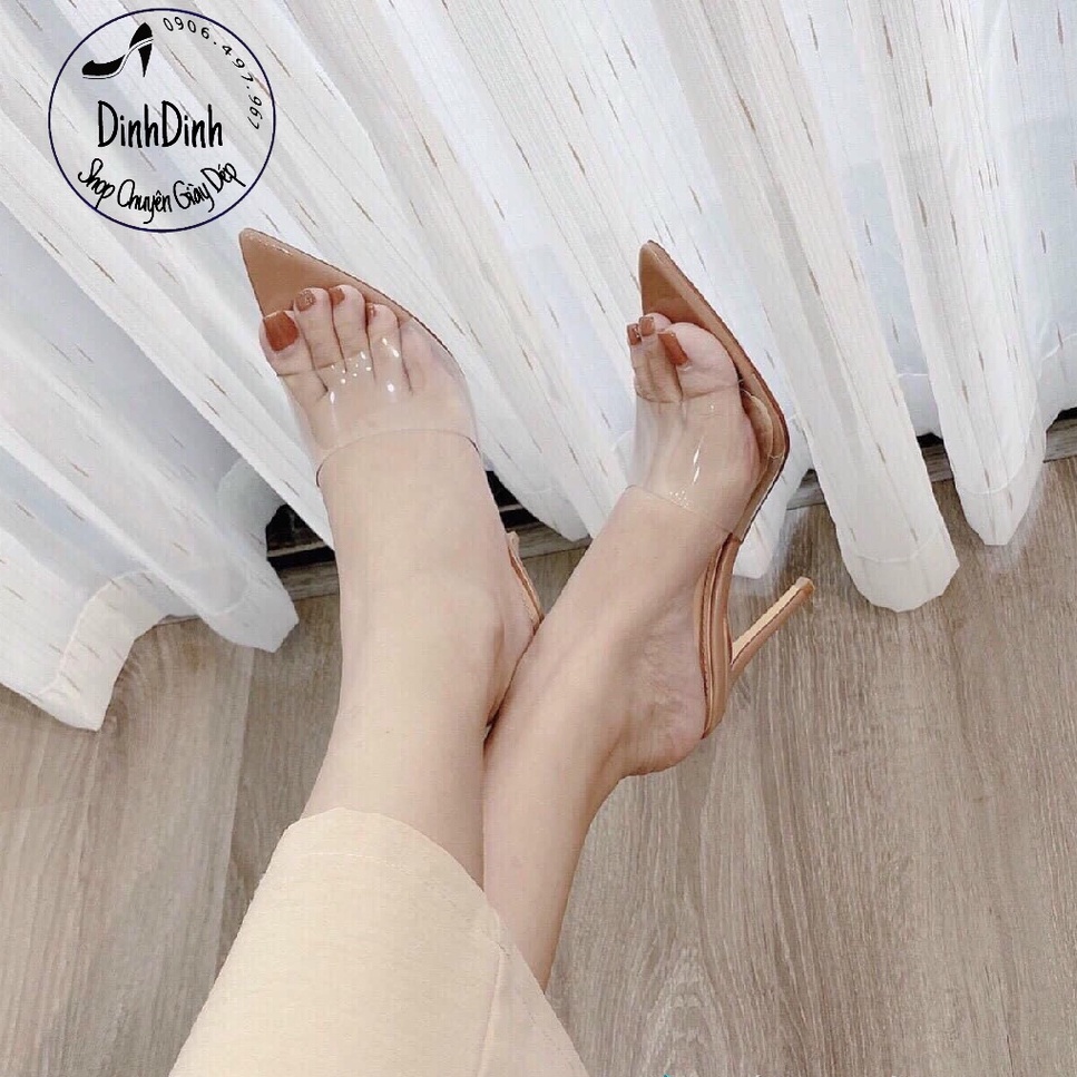 Dép cao gót nữ mũi nhọn màu nude quai ngang mica trong suốt gót nhọn cao 9cm tôn dáng  - DinhDinh Store